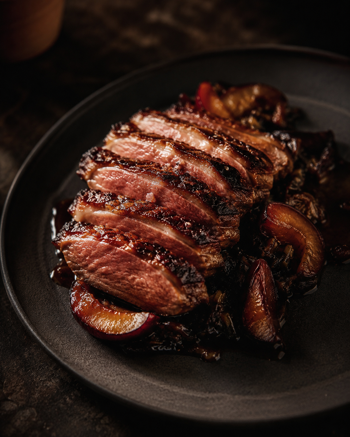 Slices of dry-aged duck breast with burnished skin over plum and black garlic.