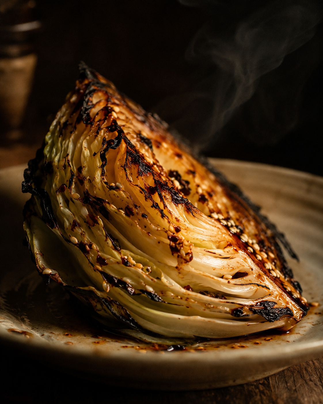 Wedge of cabbage grilled until charred and tender, finished with sesame and fermented chilli.